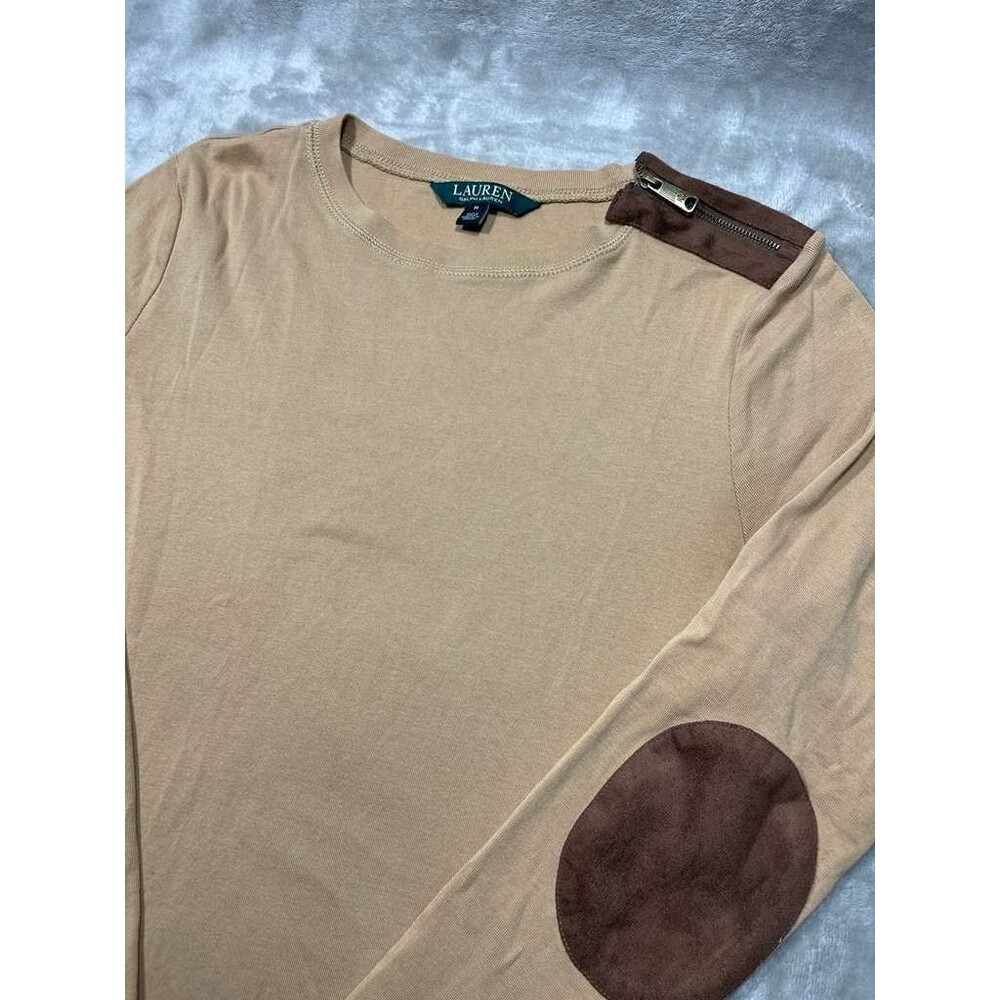 Ralph Lauren Long Sleeve Top Women Medium Tan Brown 100% Cotton Patch Elbow